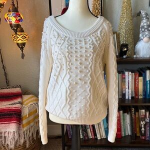 White House Black Market Pearl Embellished Wide Neck Ivory Sweater - Medium
